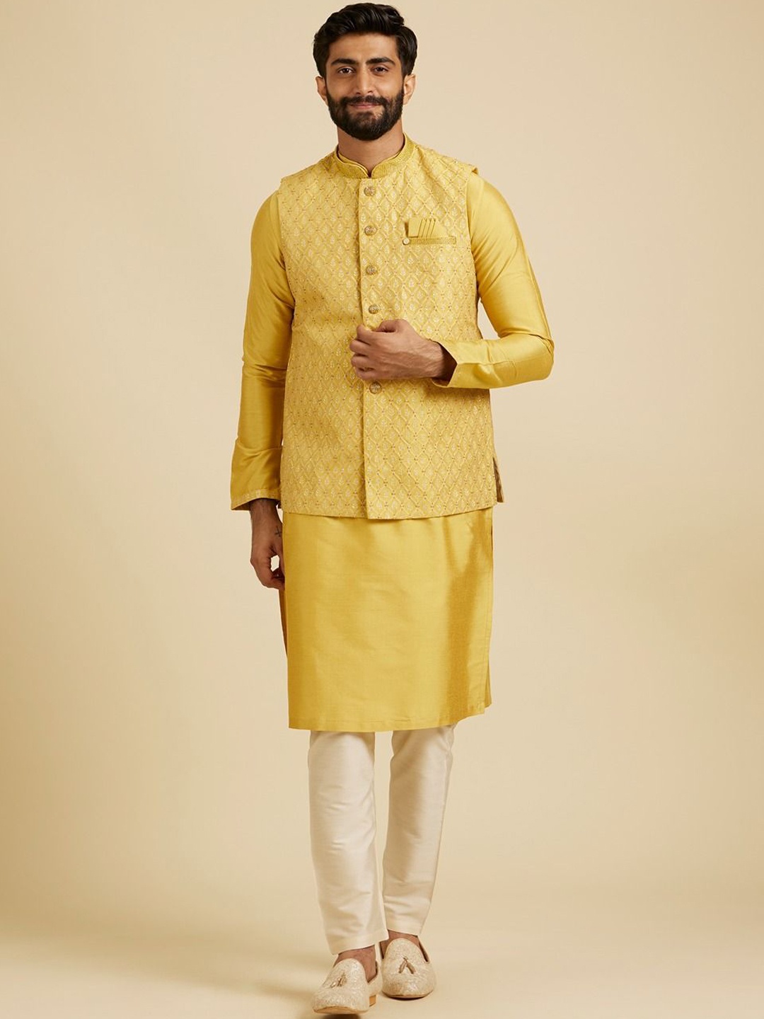 

Mandarin Collar Linen Straight Kurta With Pyjama and Nehru Jacket, Yellow