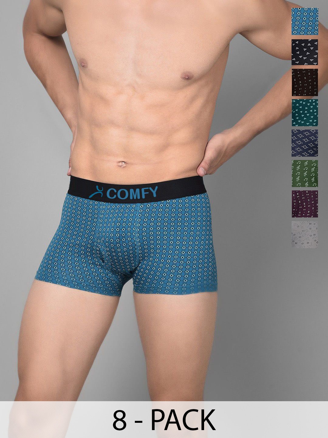 

AMUL COMFY Men Pack Of 8 Assorted Printed Short Trunks Comfy-Printed-Trunk-OE-8-80, Blue