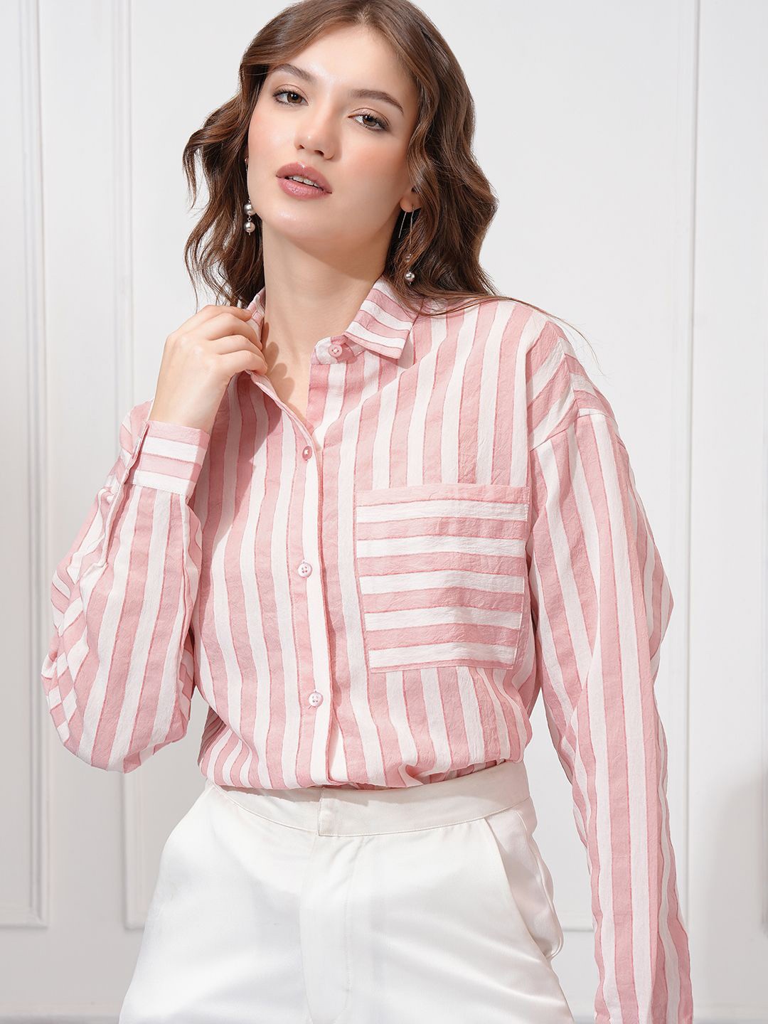 

CHIC BY TOKYO TALKIES Women Spread Collar Vertical Striped Oversized Casual Shirt, Pink