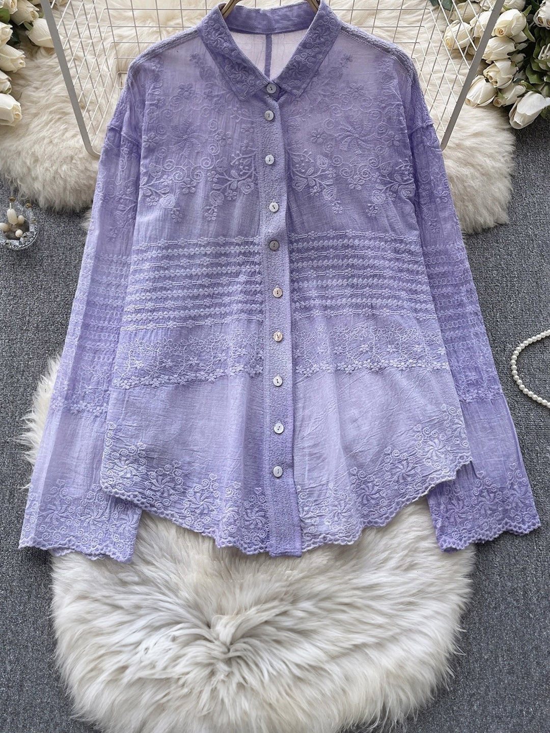 

LULU & SKY Mandarin Collar Shirt Style Top, Purple