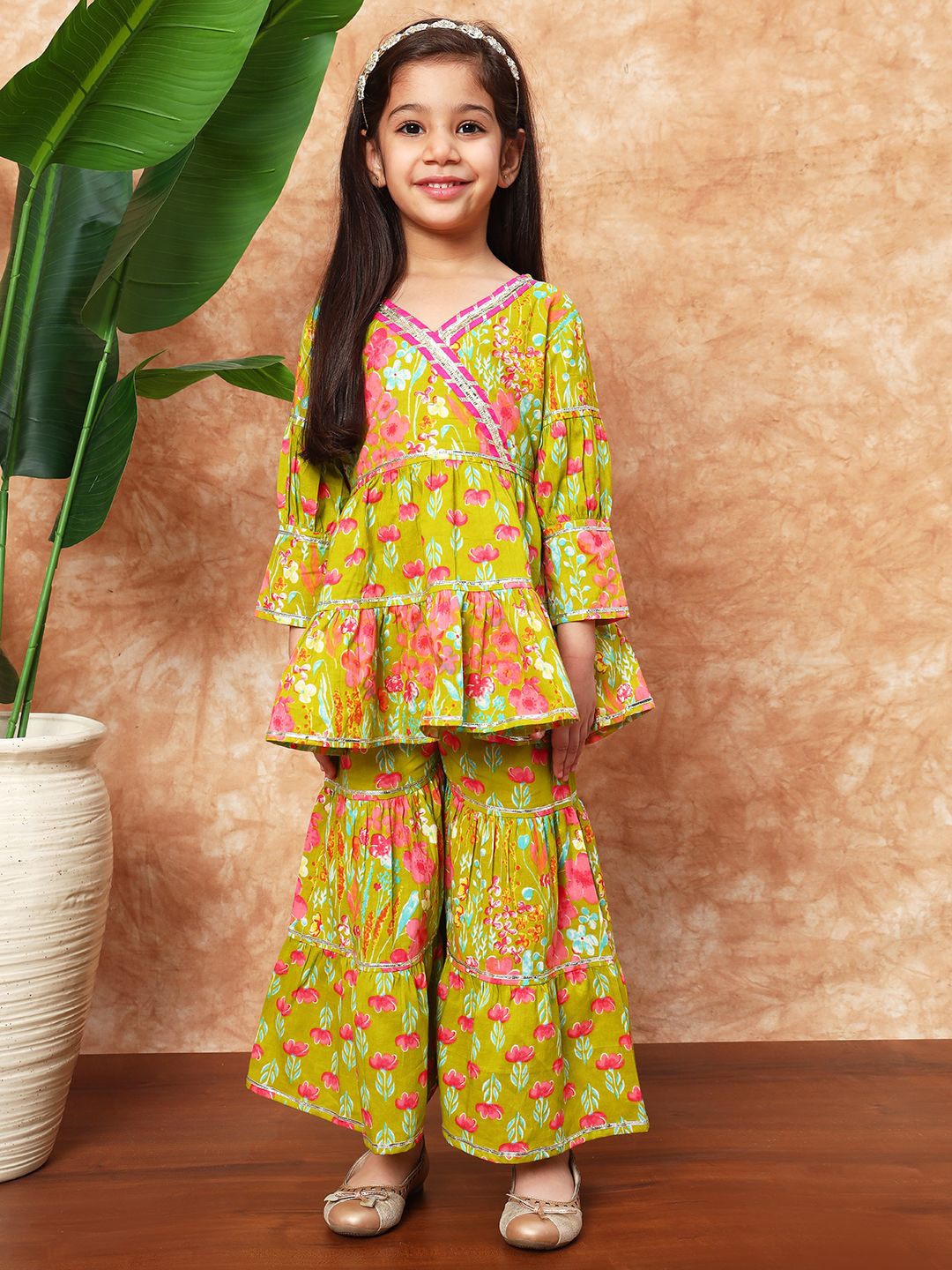 

Readiprint Girls Floral Printed Angrakha Pure Cotton A-Line Kurti with Sharara, Green