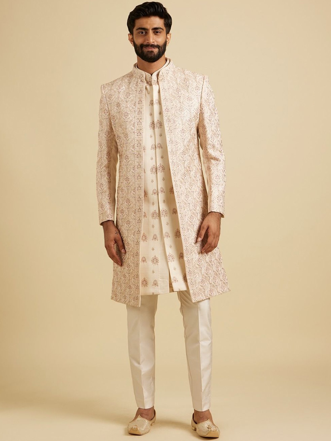 

Manyavar Men Embroidered Mandarin Collar Sherwani Set, Beige