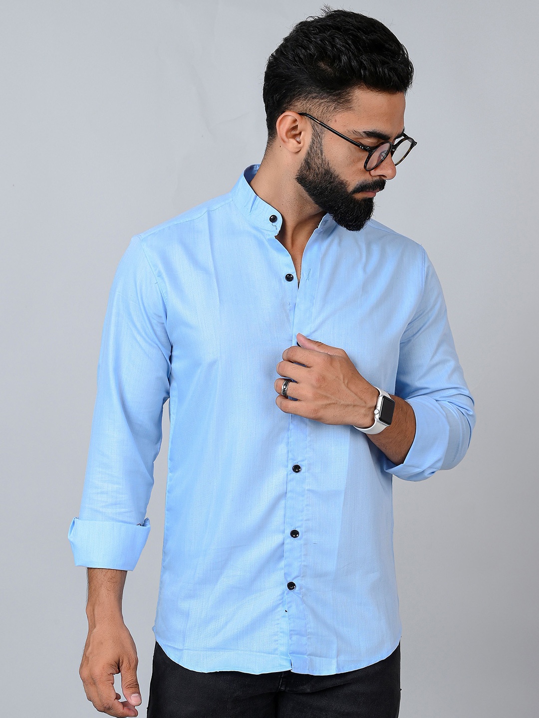 

Tanip Men Mandarin Collar Solid Cotton Casual Shirt, Blue