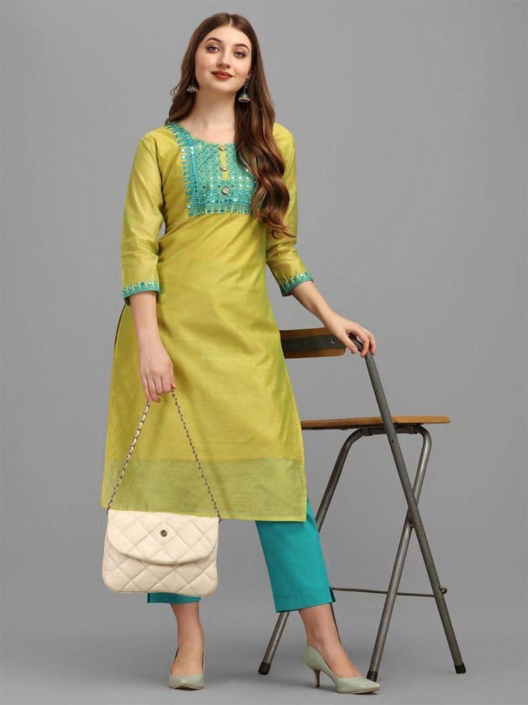 

Rujave Geometric Embroidered Mirror Work Organza Straight Kurta, Green