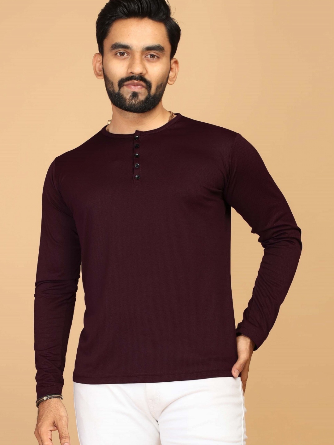 

STI Men Solid Henley Neck T-shirt, Burgundy