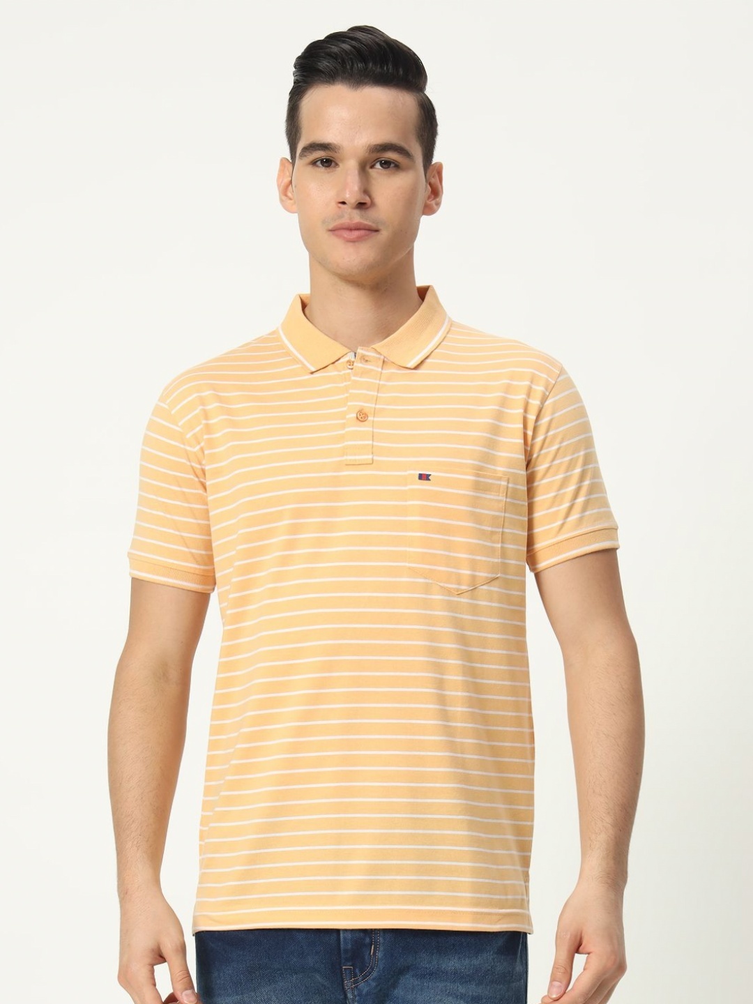 

TAB91 Men Striped Polo Collar Cotton T-shirt, Yellow