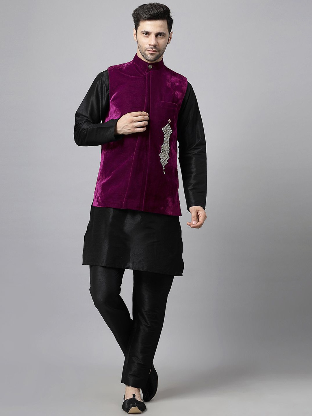 

Utsav Fashion Mandarin Collar Long Sleeves Regular Kurta With Trouser With Nehru jacket, Black