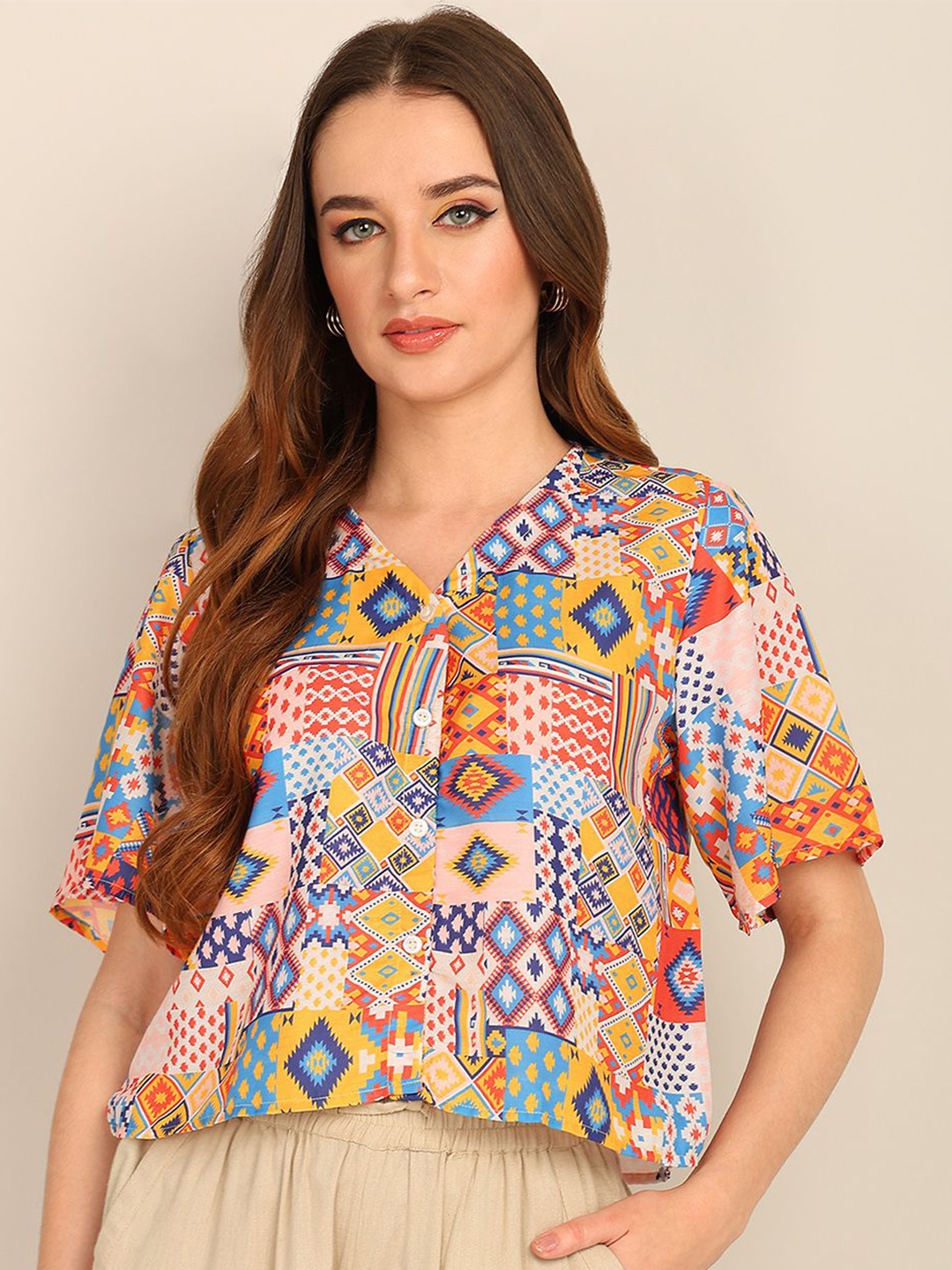 

all about you Women Classic Collarless Abstract Printed Cotton Boxy Casual Shirt, Orange