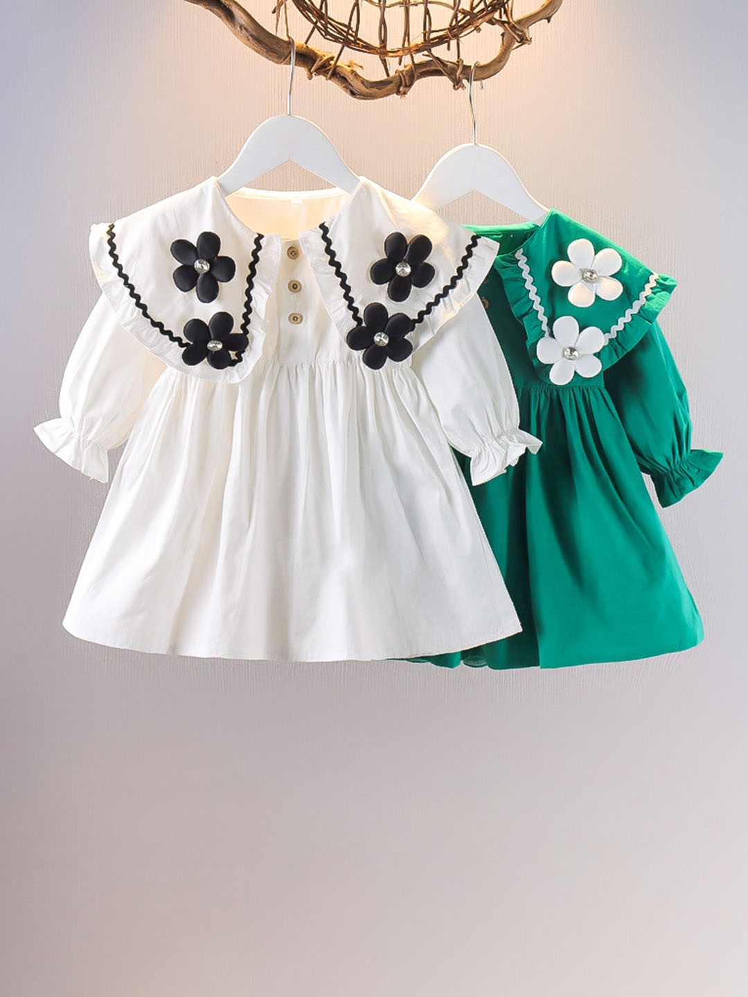 

YK Girls Pack of 2 Floral Embroidered Puff Sleeve Fit - Flare Dress, White