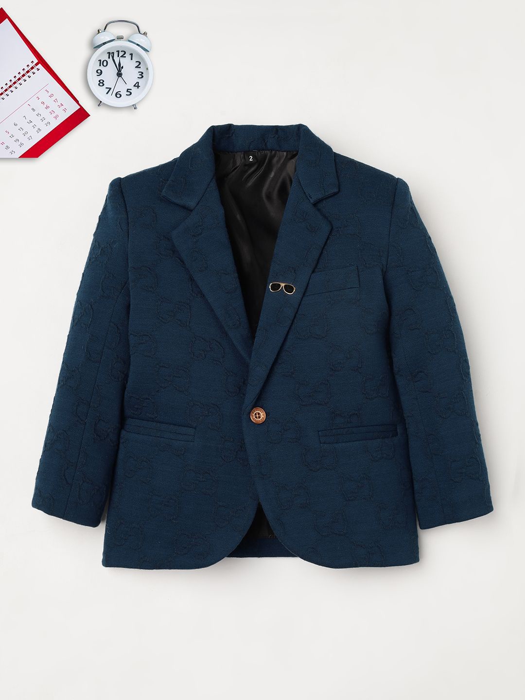 

Ridokidz Boys Tailored-Fit Self-Design Single-Breasted Blazer, Navy blue