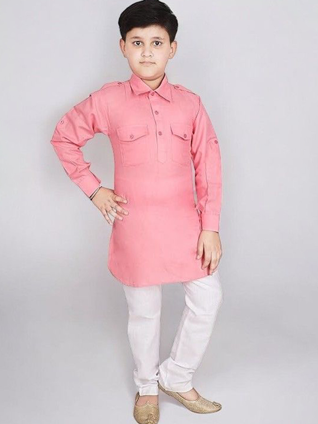

Eliq Boys Shirt Collar Regular Pure Cotton Straight Kurta With Pyjamas, Pink