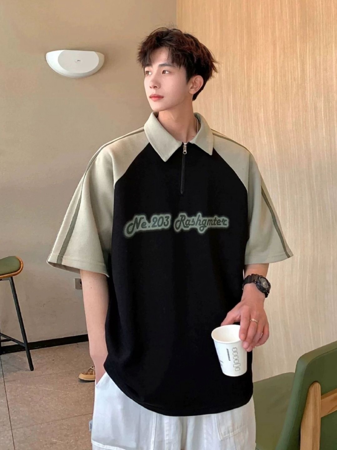 

HERE&NOW Men Typography Printed Polo Collar Oversized T-shirt, Black