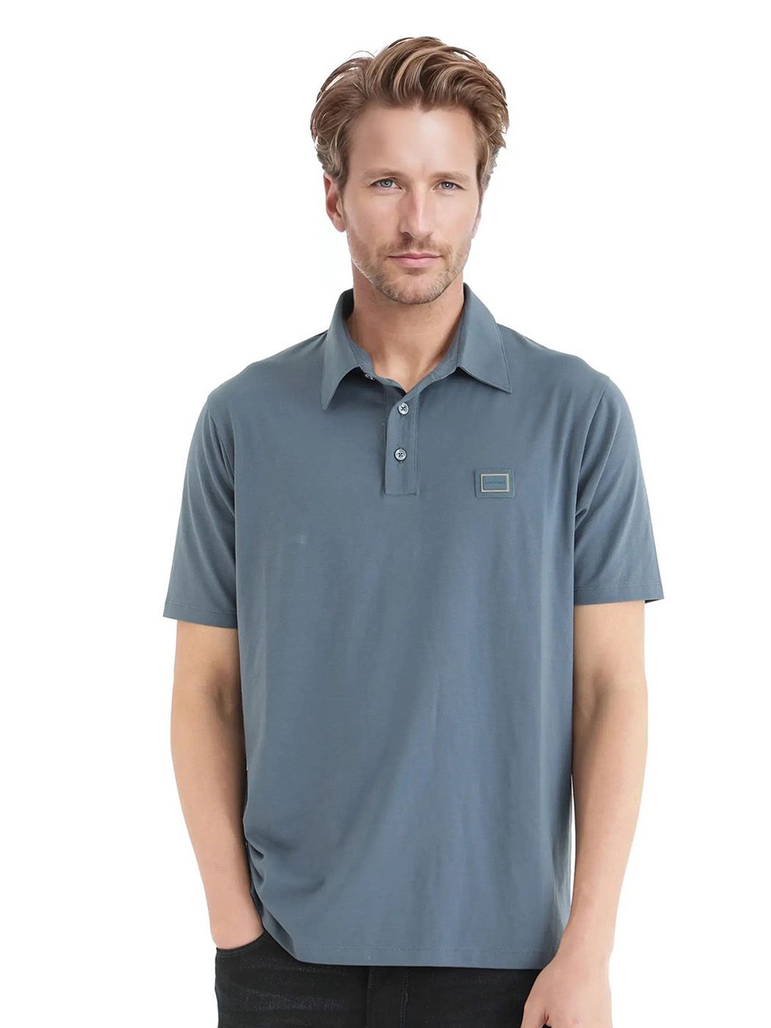 

RARE RABBIT Men Solid Polo Collar Cotton T-shirt, Blue