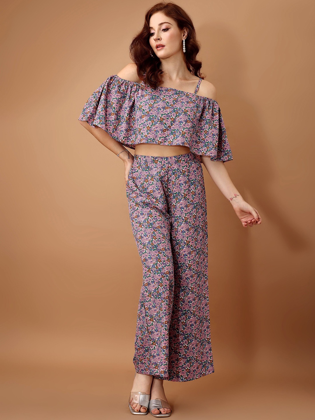 

DressBerry Purple Printed Off-Shoulder Short Sleeves Top With Palazzo