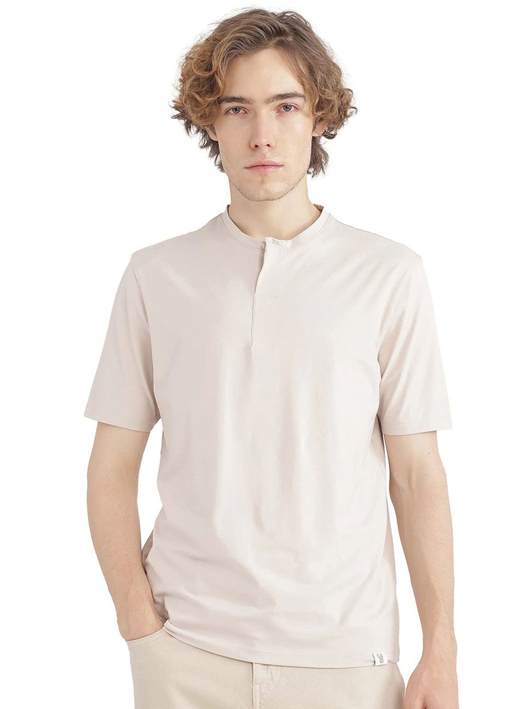

RARE RABBIT Men Solid Henley Neck Cotton T-shirt, Cream