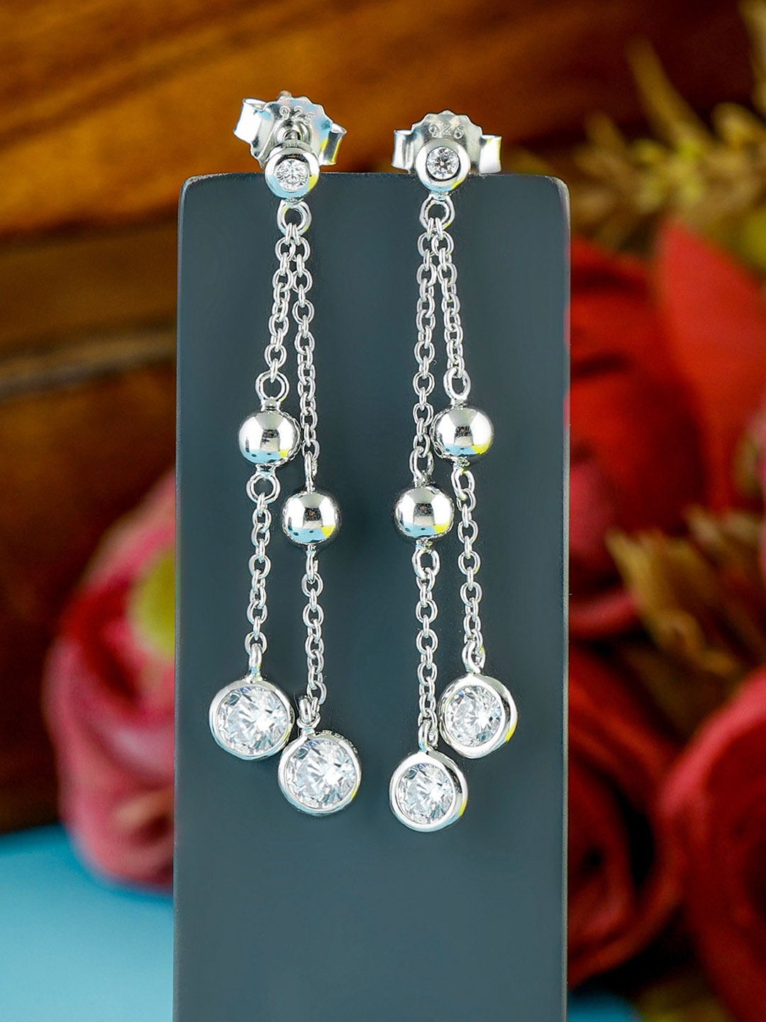

DIAVO 925 Sterling Silver Rhodium-Plated Cubic Zirconia Studded Drop Earrings