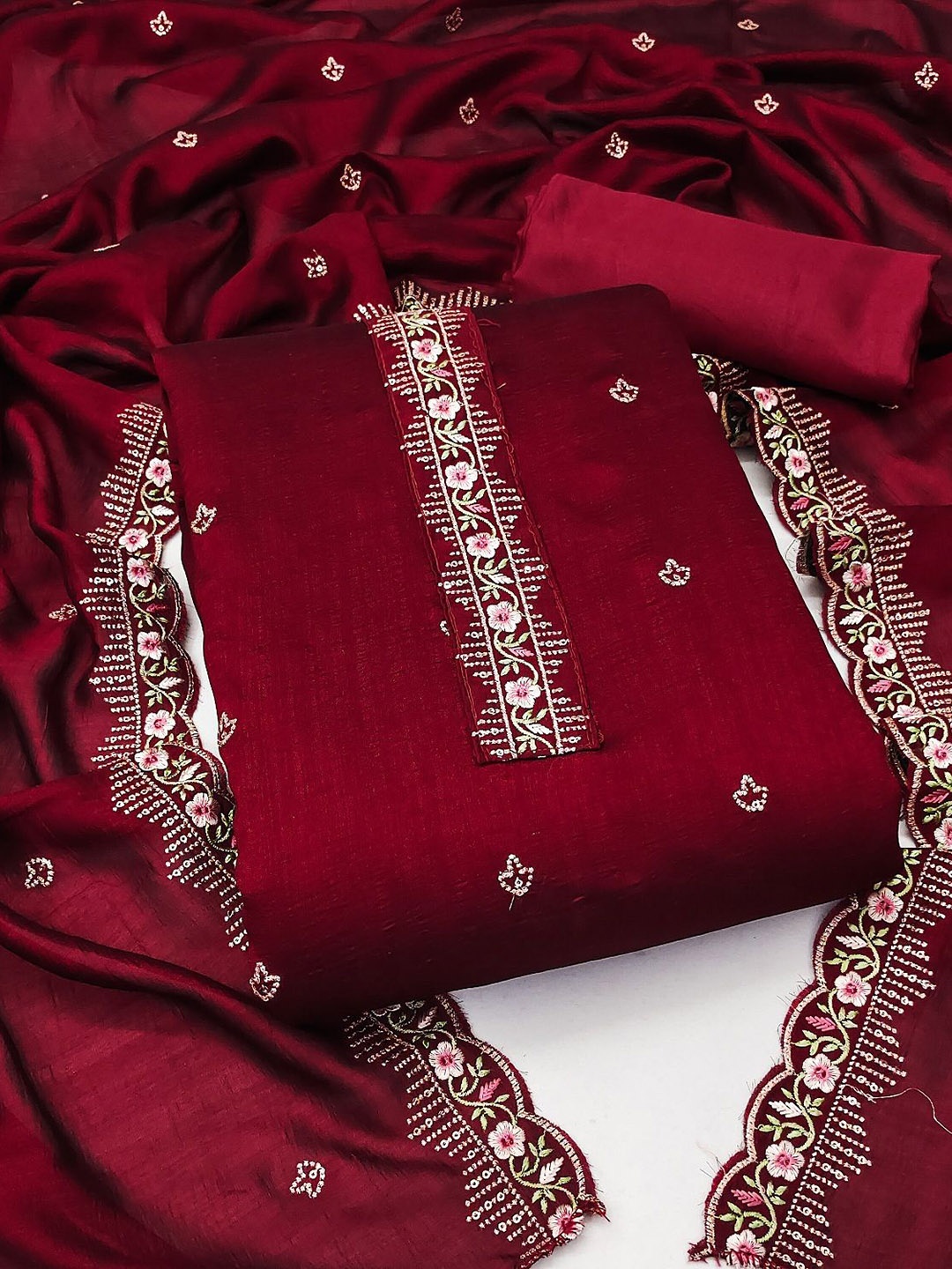 

APNISHA Floral Embroidered Thread Work Pure Silk Unstitched Dress Material, Maroon