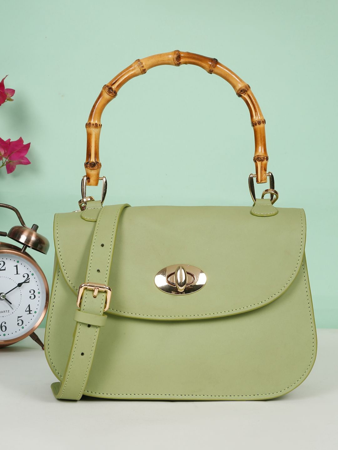 

HATS OFF ACCESSORIES Women Solid Structured Leather Satchel Bag, Green