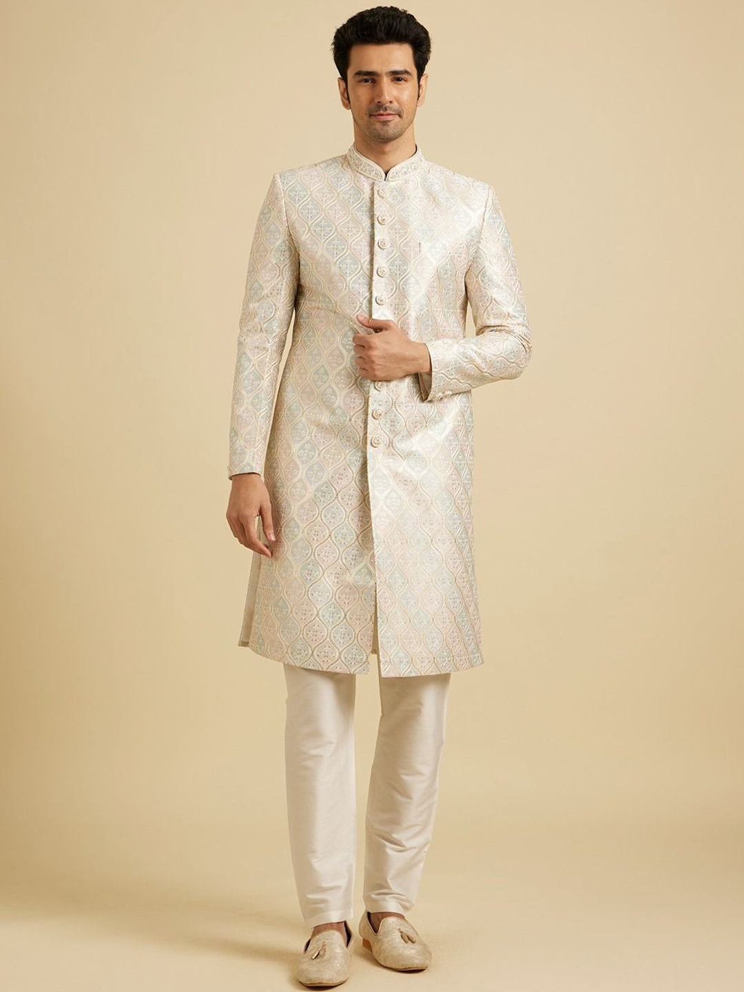 

Manyavar Men Embroidered Sequin Work Mandarin Collar Sherwani Set, Cream