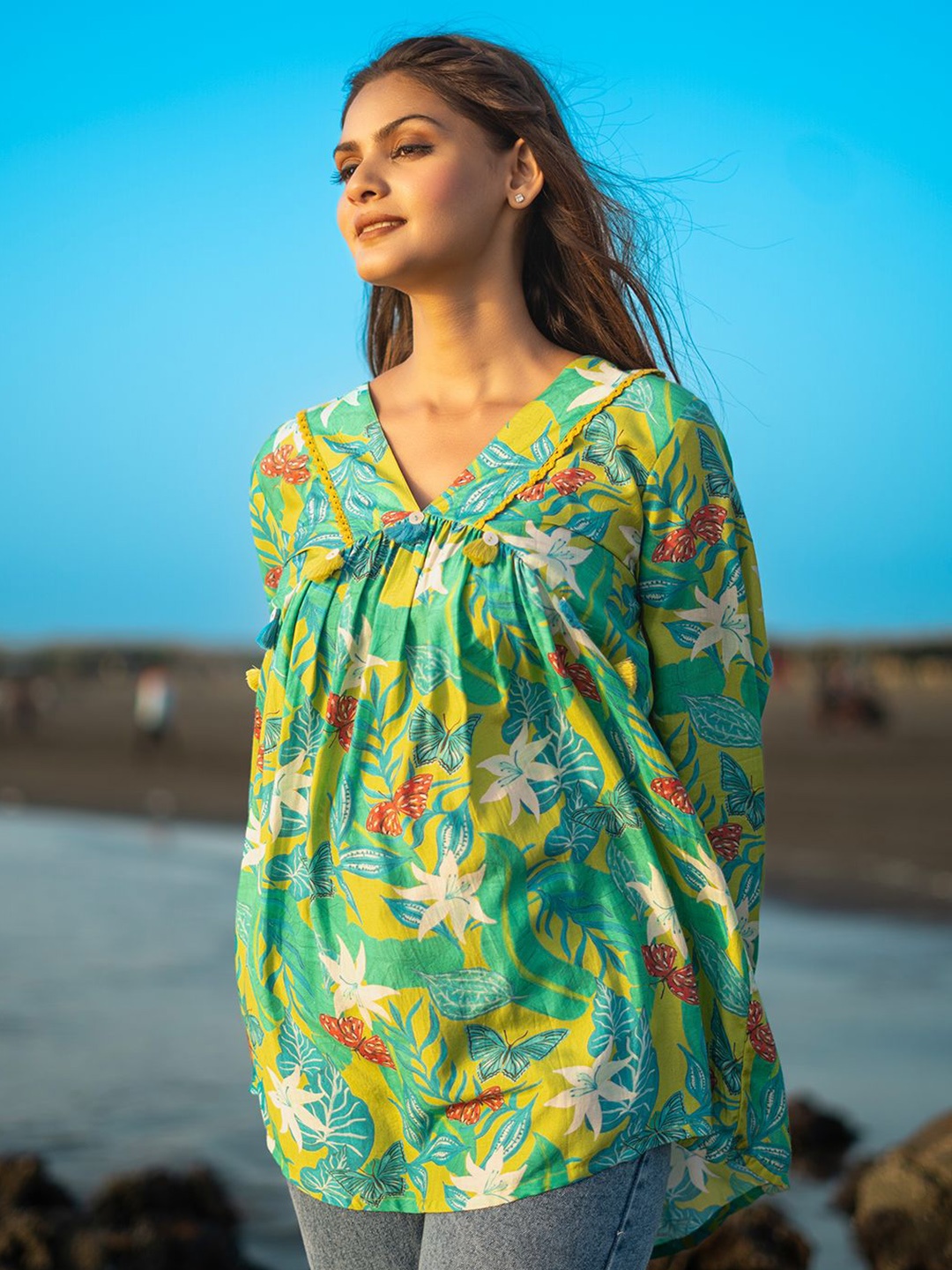

EARTH O FAB Women Floral Printed Bell Sleeves Top, Lime green