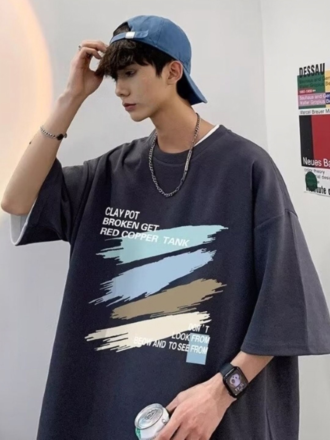 

HERE&NOW Men Graphic Printed Round Neck Cotton Oversized T-shirt, Grey