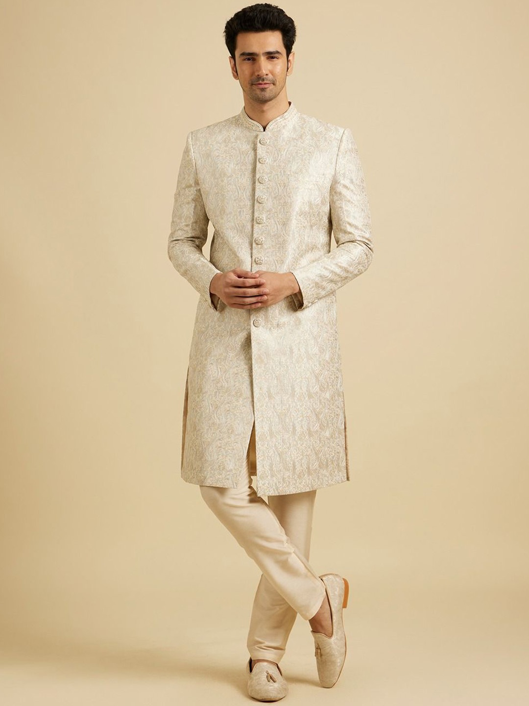 

Manyavar Women Embroidered Mandarin Collar Sherwani Set, Beige