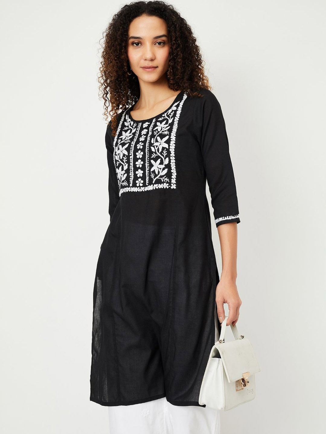 

max Floral Embroided Round Neck Straight Kurta, Black