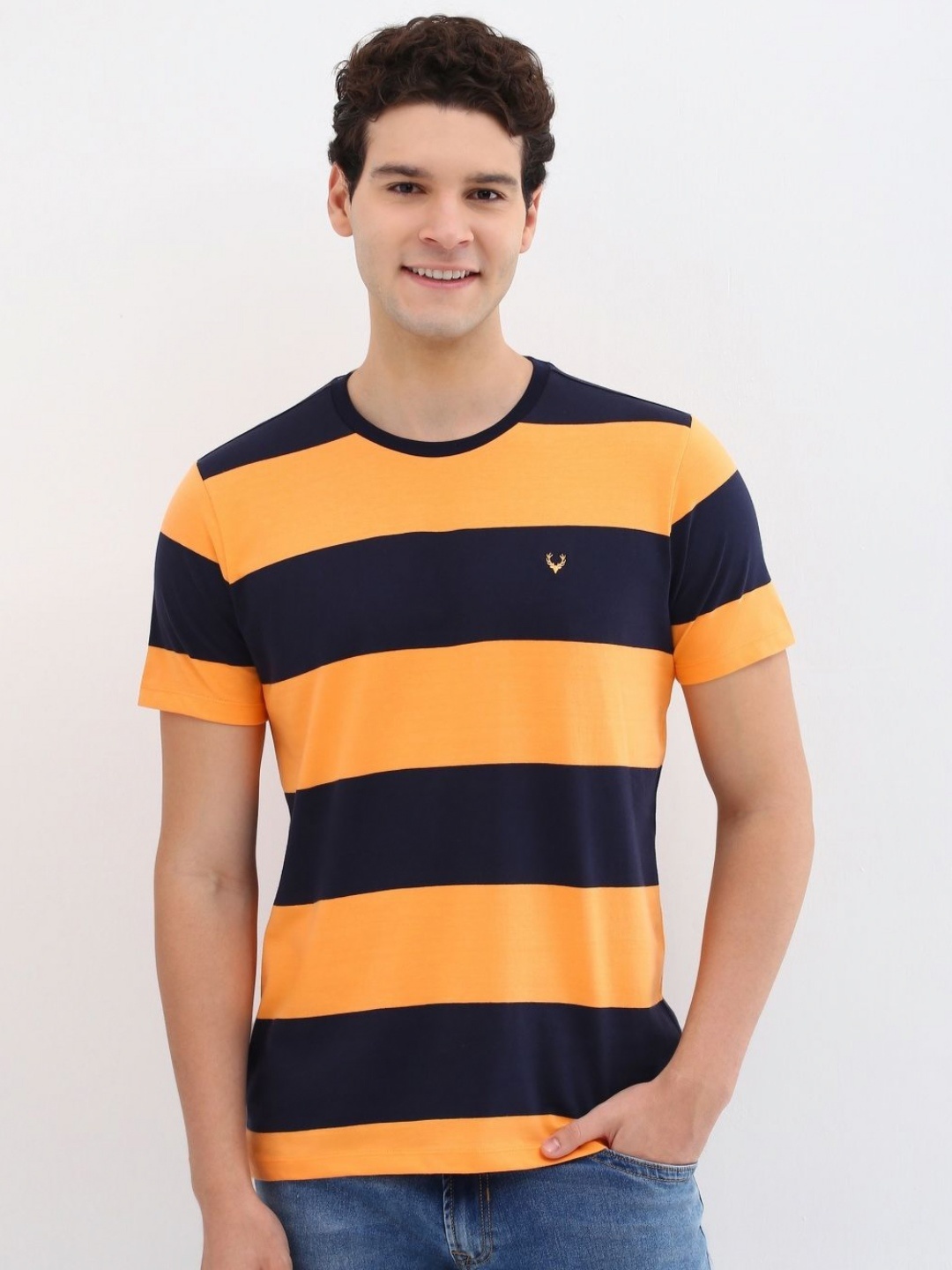 

Allen Solly Men Striped Round Neck Cotton Slim Fit T-shirt, Orange