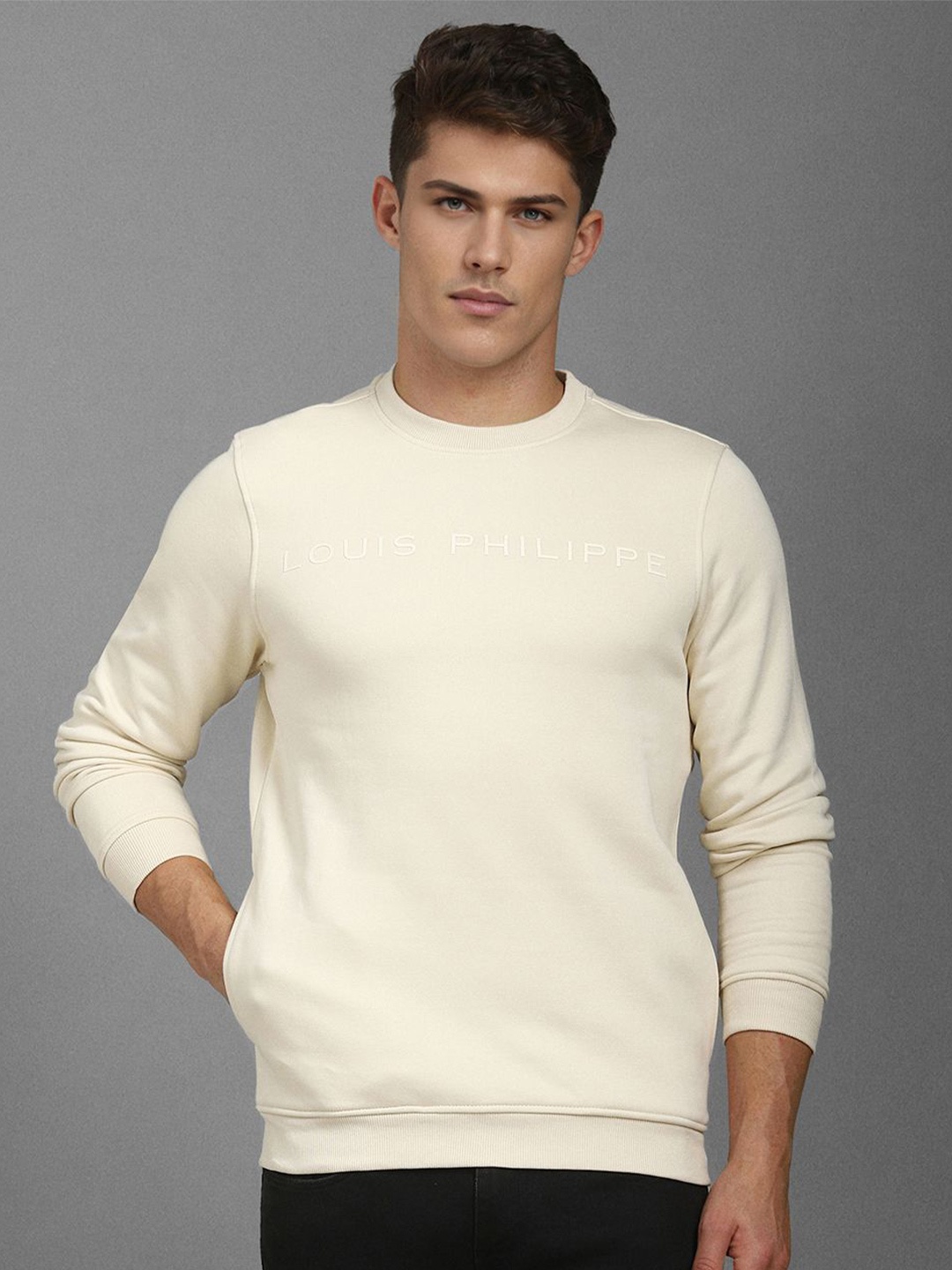 

Louis Philippe Men Cotton Printed Sweatshirt, Cream