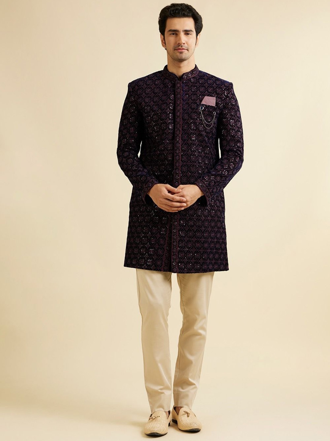 

Manyavar Men Embroidered Sequin Work Sherwani Set, Blue