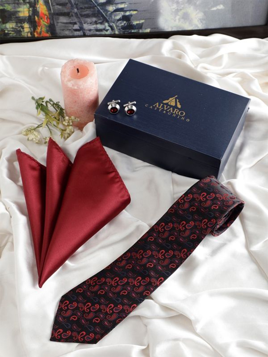 

Alvaro Castagnino Men Tie, Cufflinks, Pocket Square Accessory Gift Set, Black