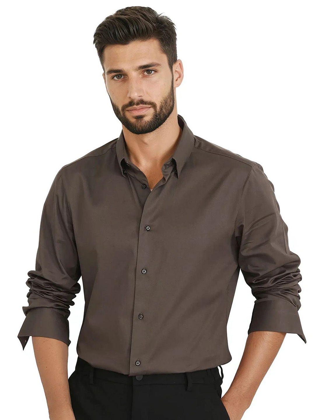 

RARE RABBIT Men Comfort Spread Collar Solid Cotton Casual Shirt, Brown