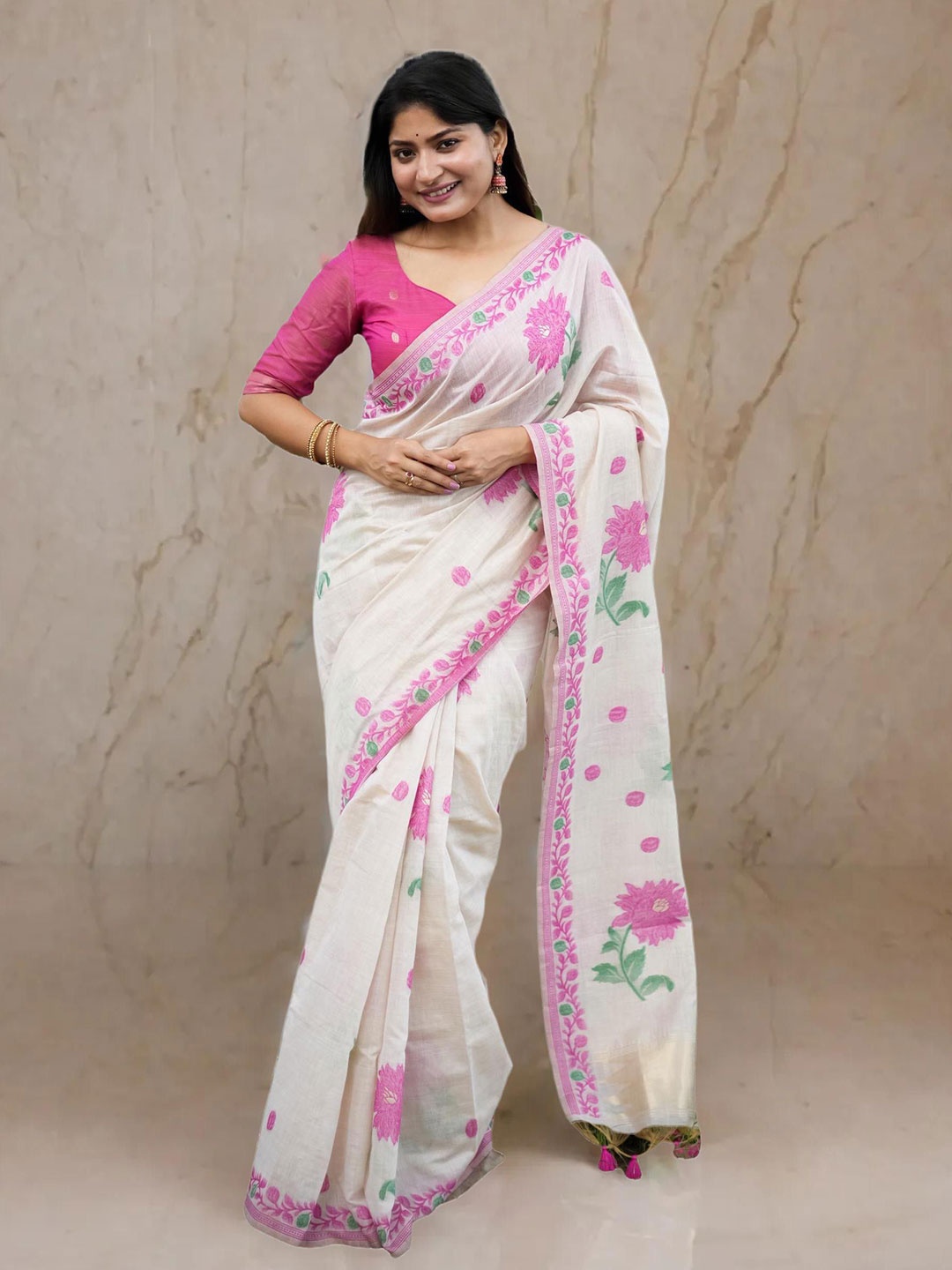 

NK Textiles Floral Handloom Muga Saree, Pink