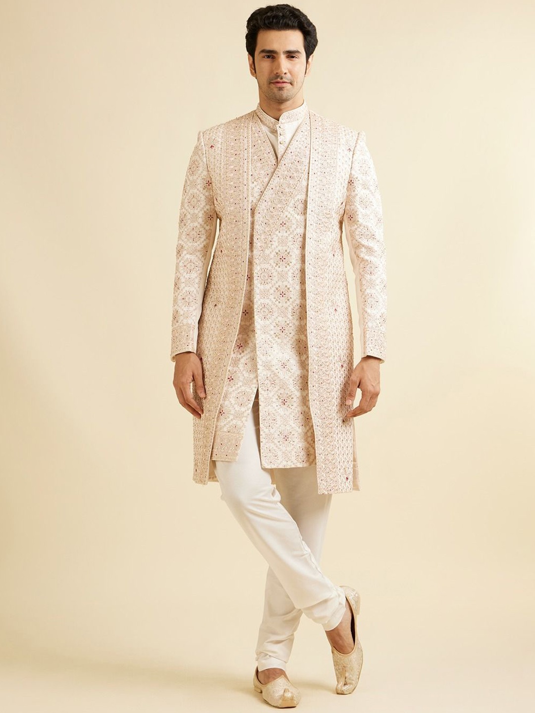

Manyavar Men Hand Embroidered Zardozi Mandarin Collar Sherwani Set, Beige
