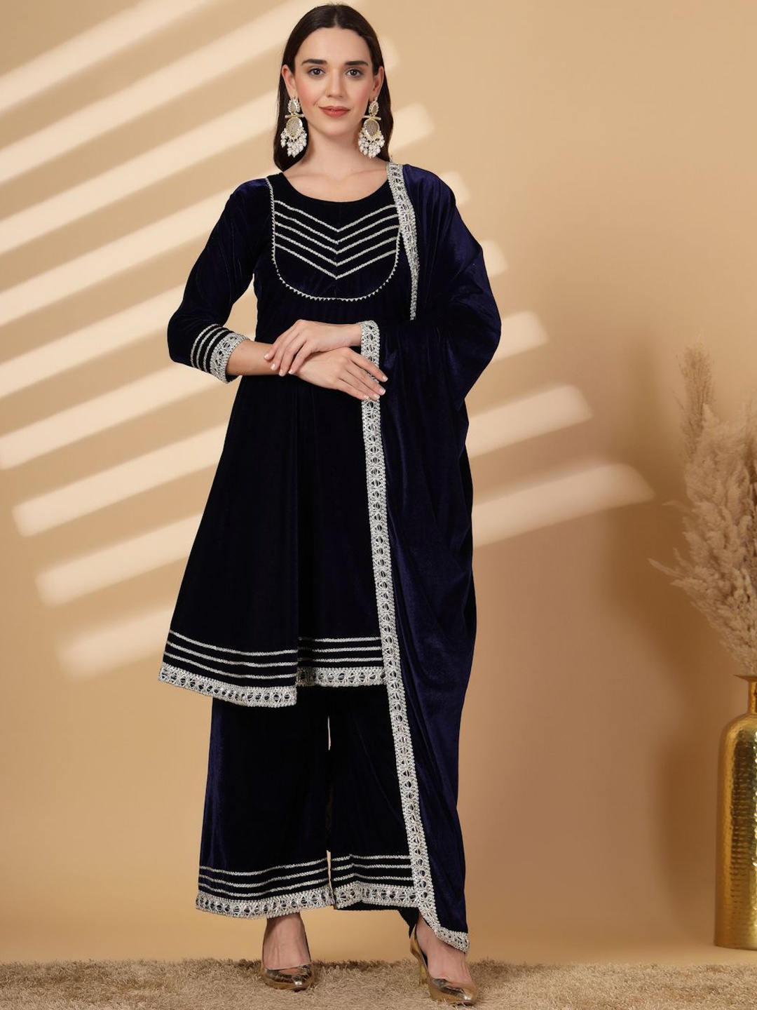 

Clora Creation Geometric Yoke Design Gotta Patti Velvet Anarkali Kurta Set, Navy blue