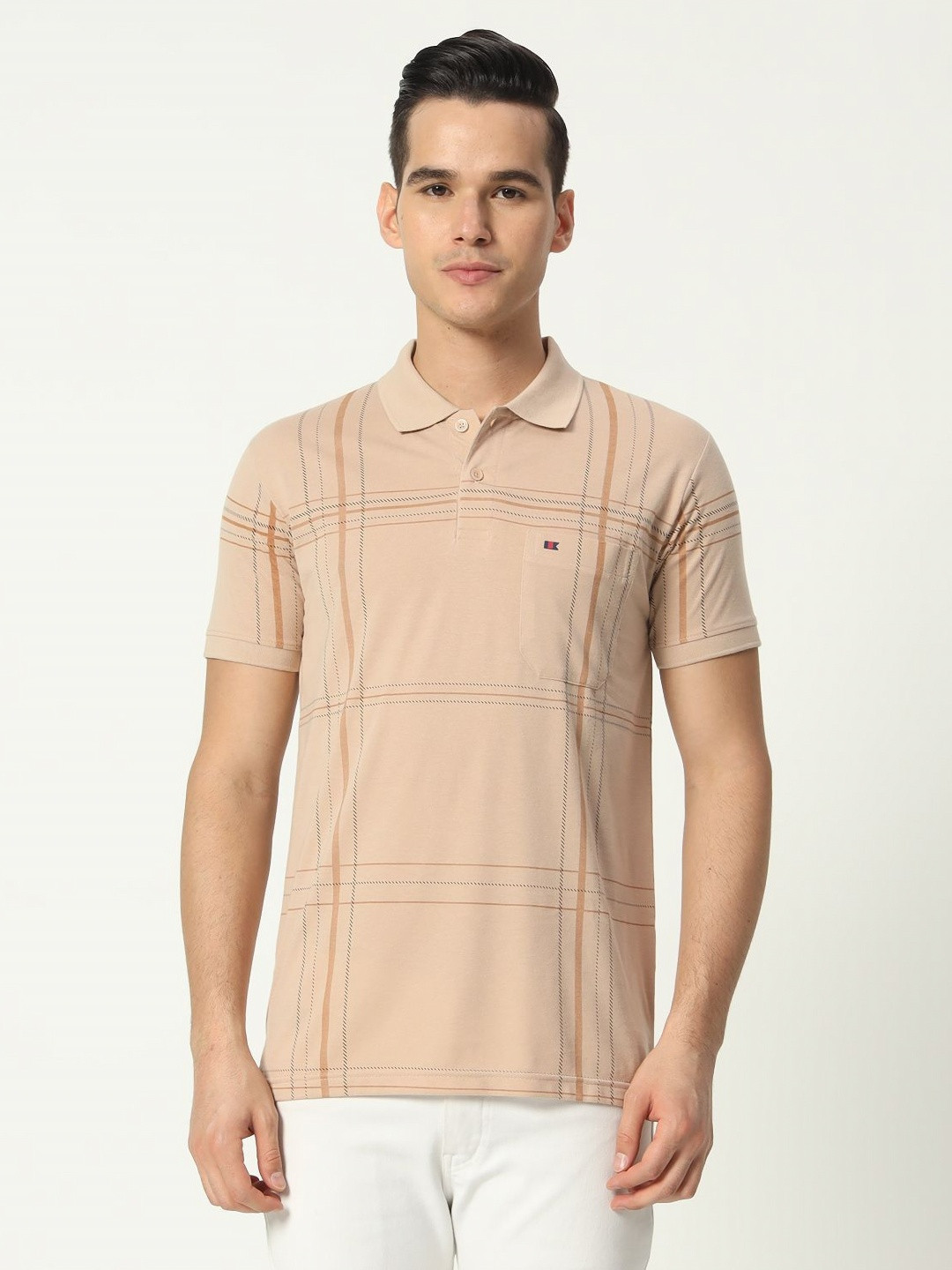 

TAB91 Men Striped Polo Collar Cotton T-shirt, Beige