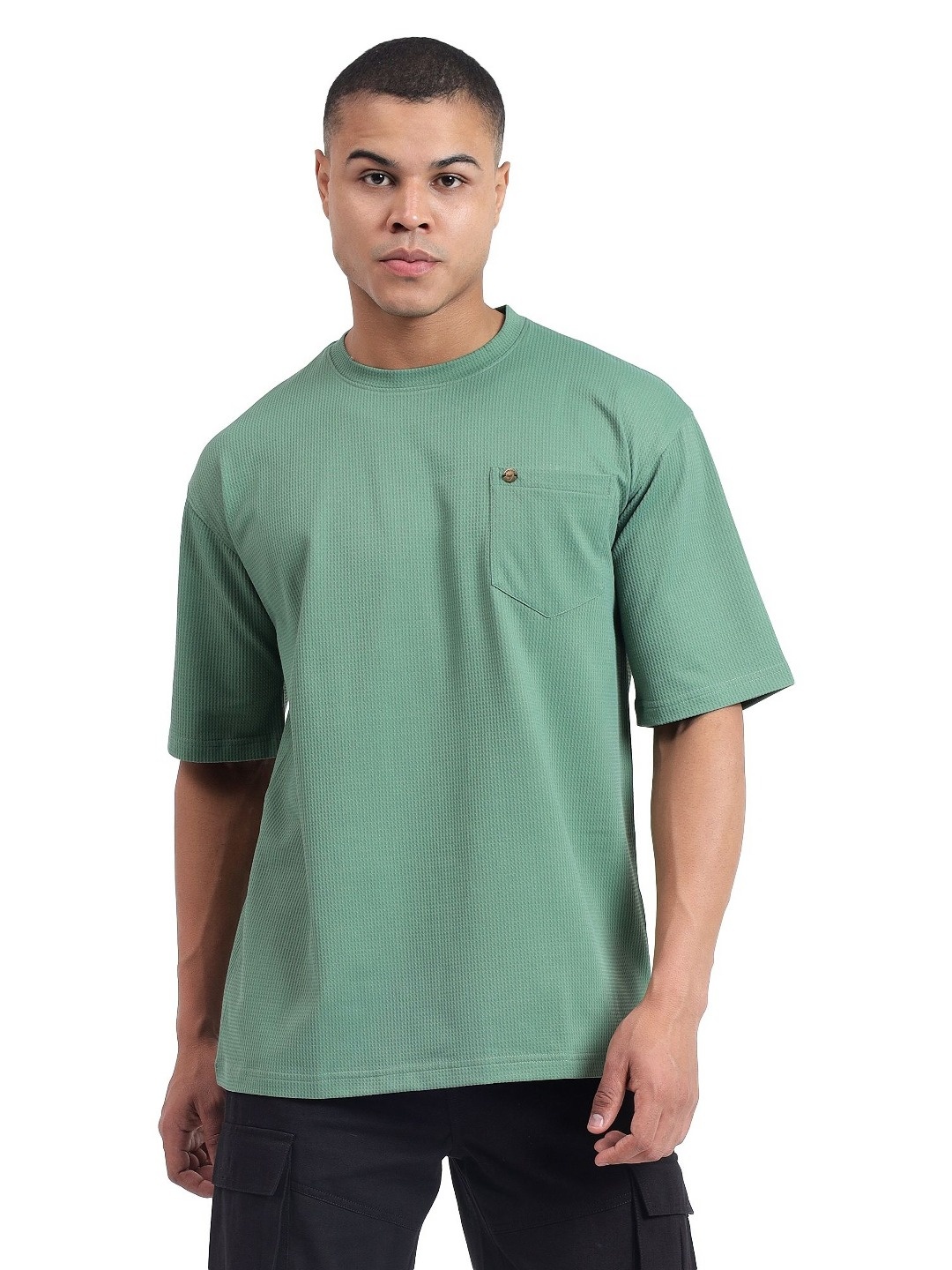 

MENTOOS Men Self Design Round Neck Cotton Oversized T-shirt, Green