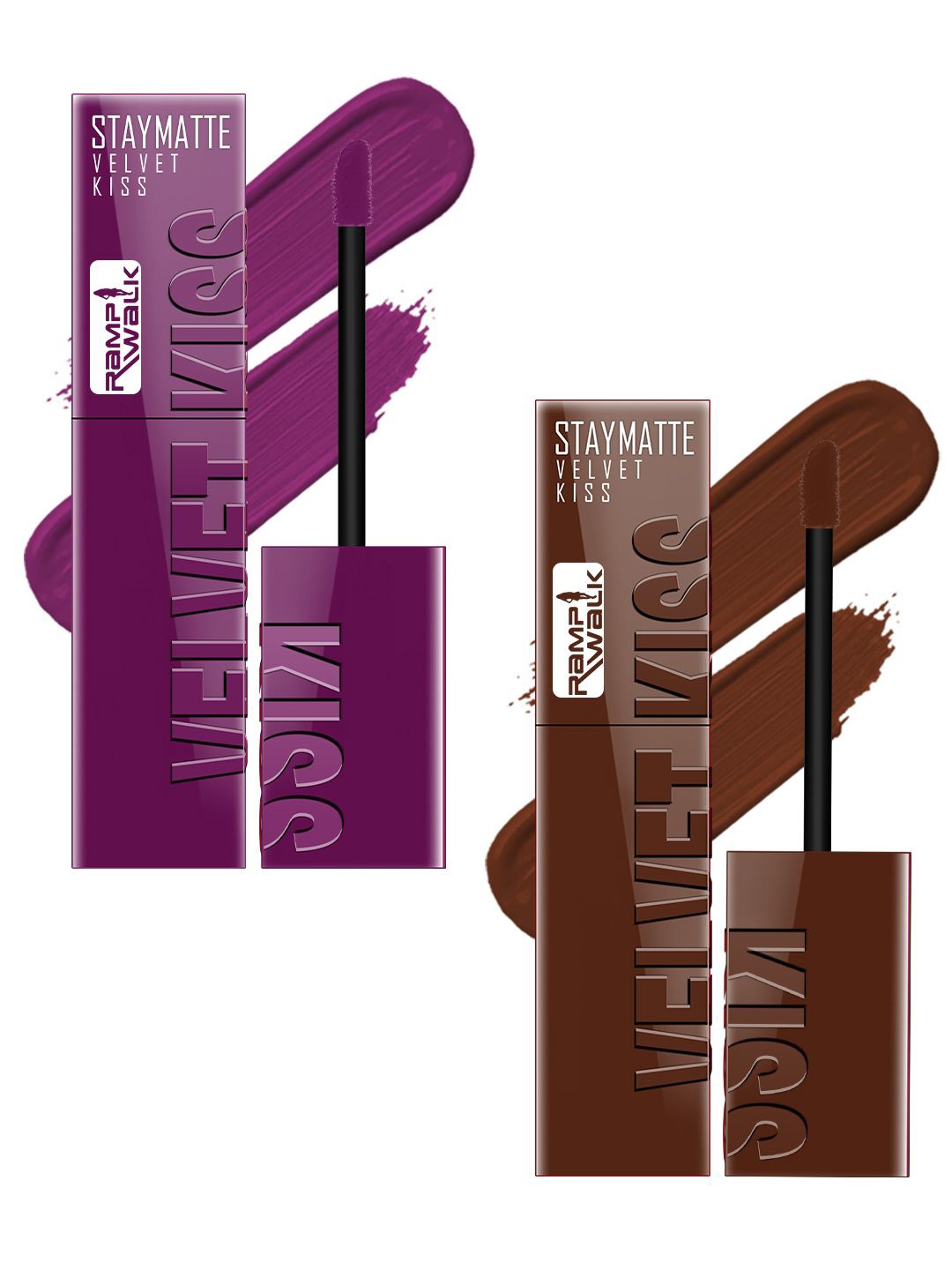 

Ramp Walk Set Of 2 Velvet Kiss Waterproof Liquid Lipstick - 3.5 ml Each- Wine - Dark Brown, Purple