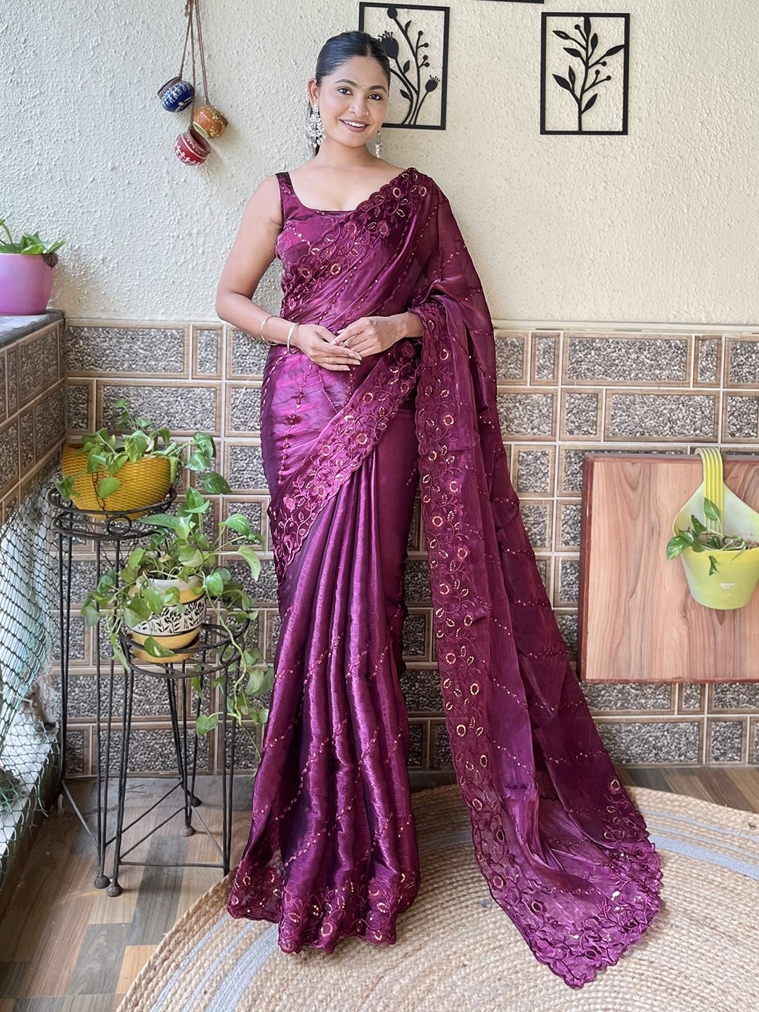 

Mitera Floral Embroidered Sequinned Saree, Purple