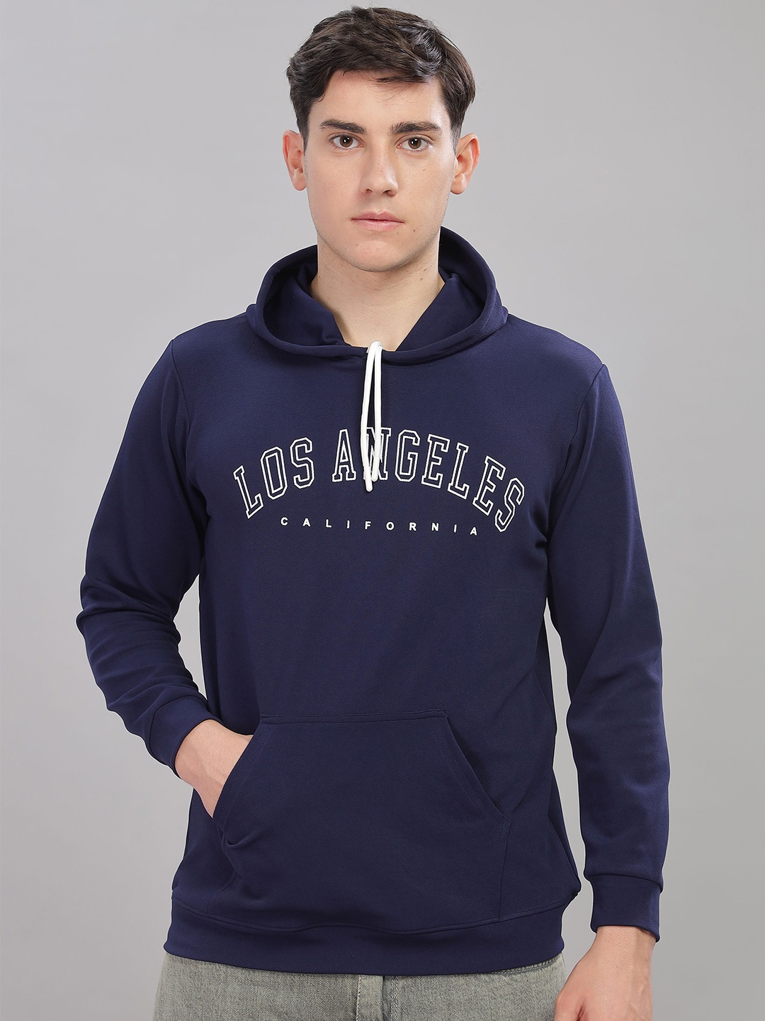 

STI Men Typography Printed Hooded Pullover Sweatshirt, Navy blue