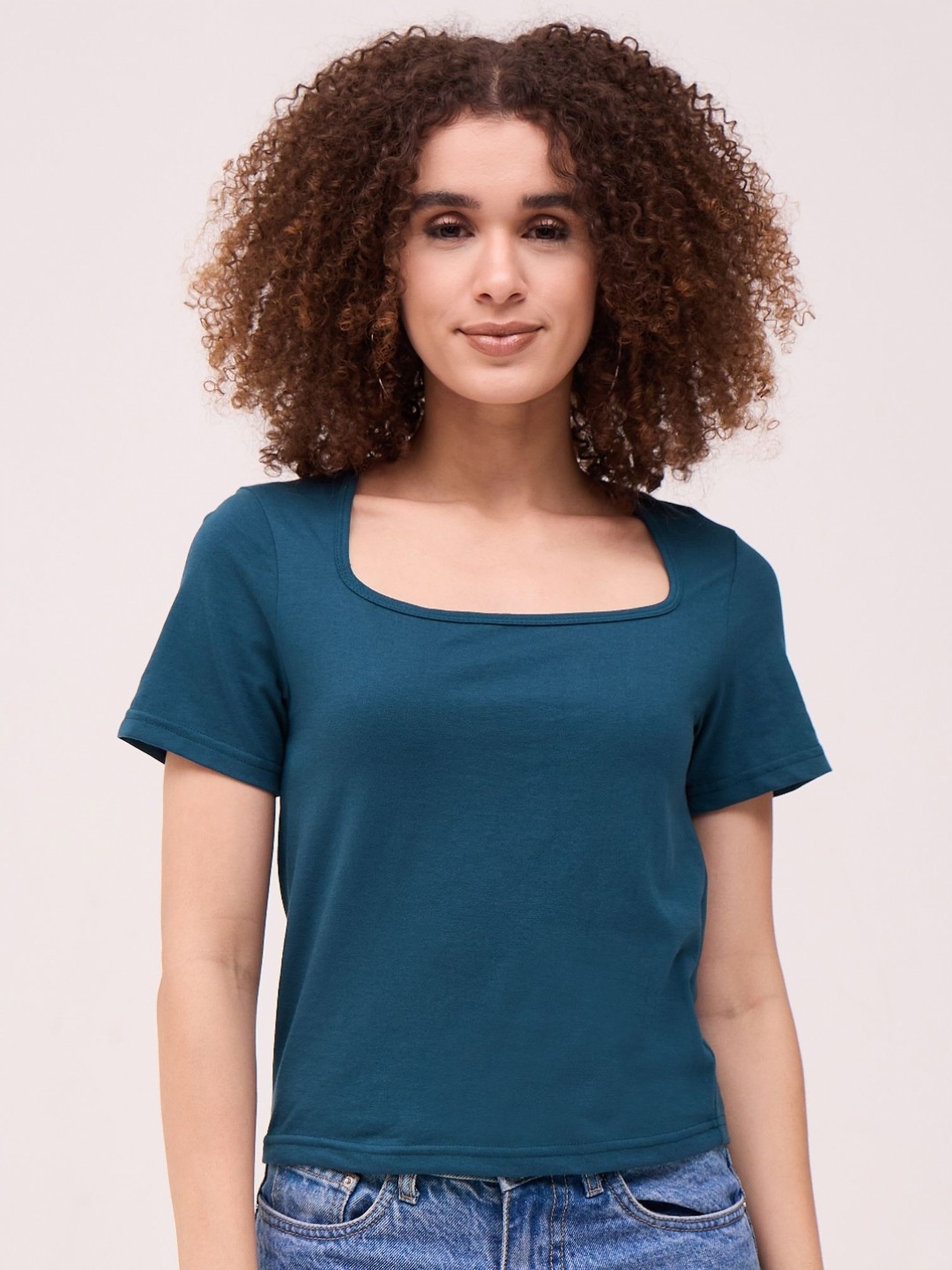 

Mayra Women Solid Scoop Neck Cotton T-shirt, Teal