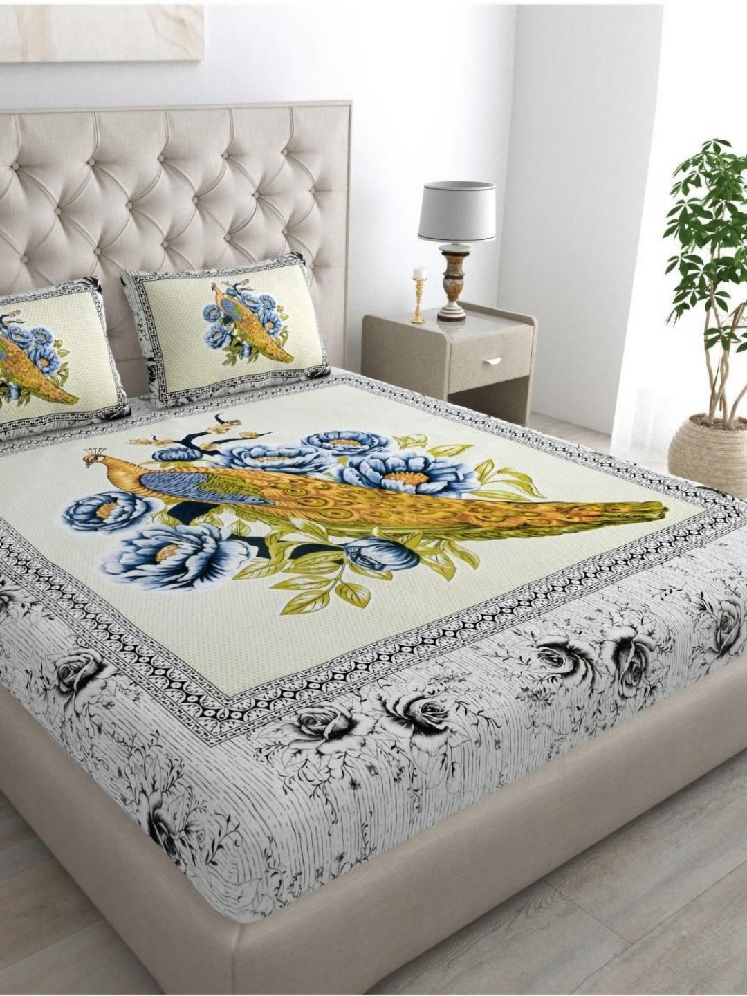 

UNIQCHOICE White & Mustard Floral 120 TC Pure Cotton Queen Bedsheet Set 2.40 m x 2.15 m