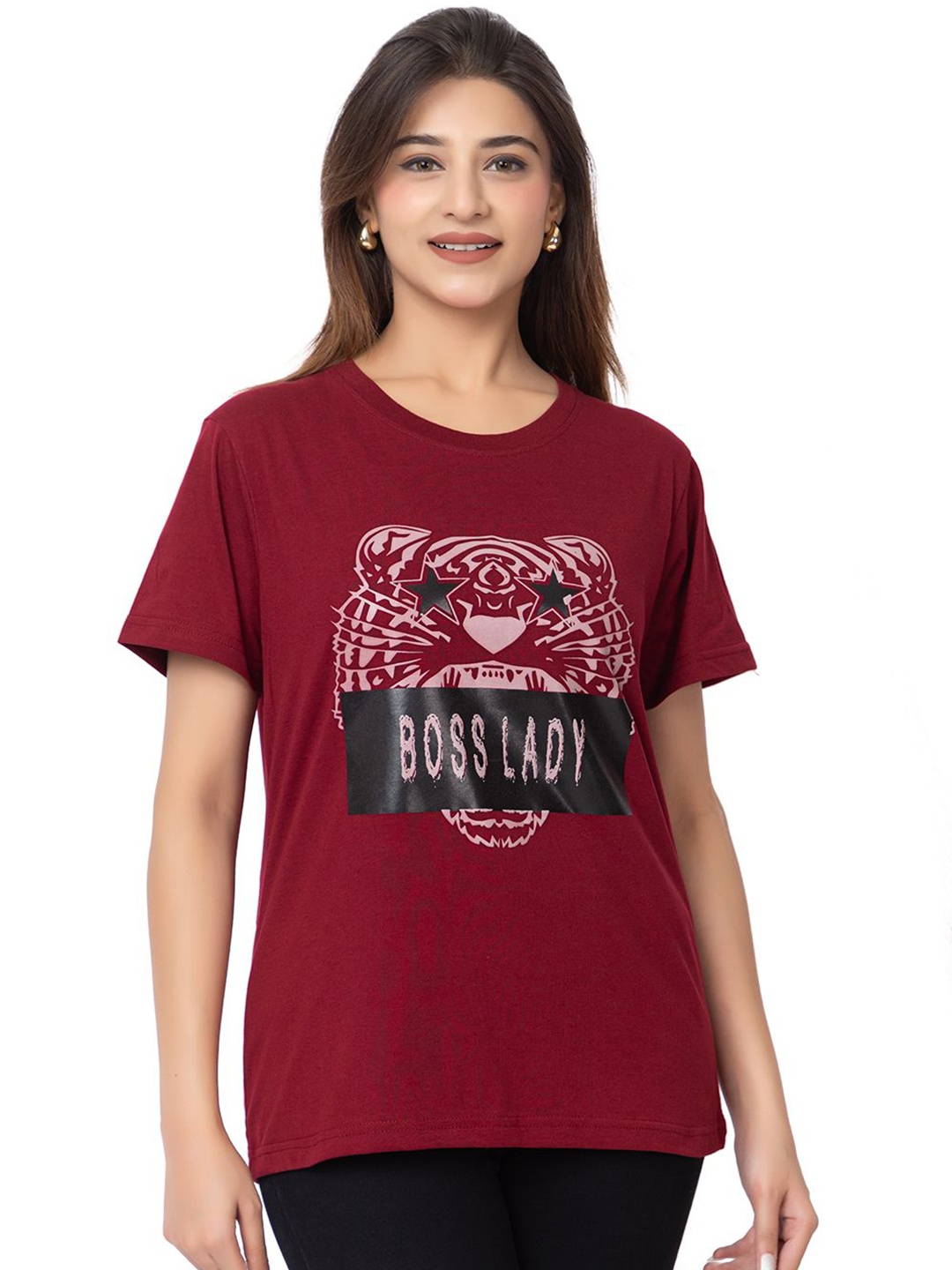 

HILFIRE REGION Women Graphic Printed Round Neck Cotton T-shirt, Maroon
