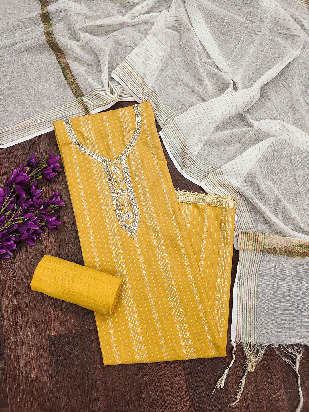 

JULEE Floral Embroidered Beads and Stones Unstitched Dress Material, Yellow