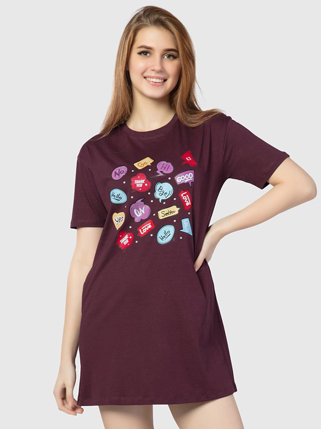 

Juliet Women Printed Cotton T-shirt Mini Dress, Burgundy