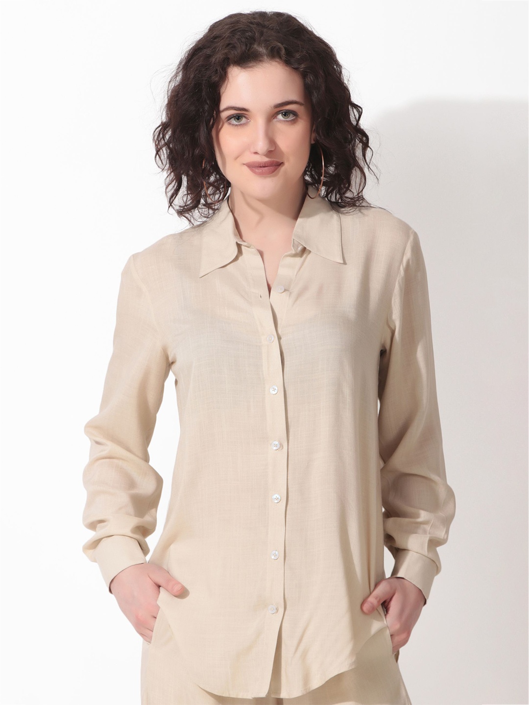 

Seryeon Women Shirt Style Longline Top, Beige