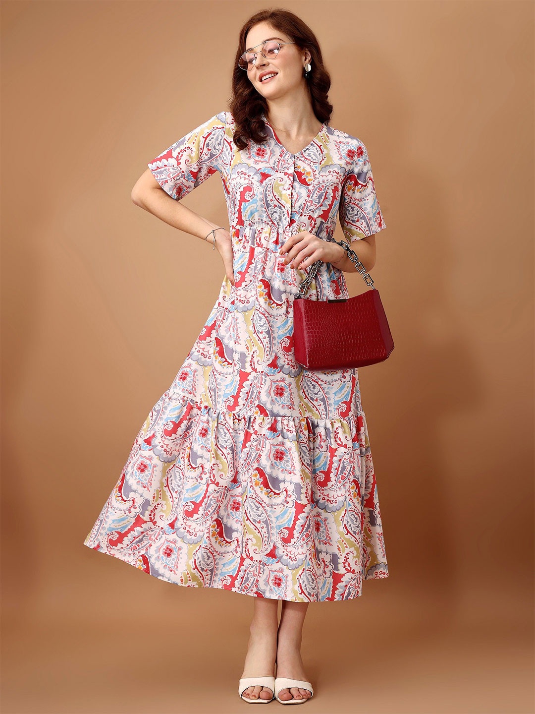 

all about you Women Cotton Ethnic Motifs Printed Fit & Flare Midi Dress, Off white