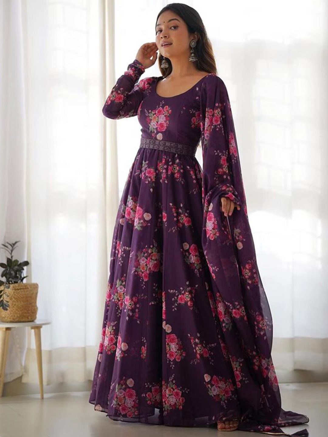 

Aika Floral Printed Georgette Maxi Ethnic Dress, Purple