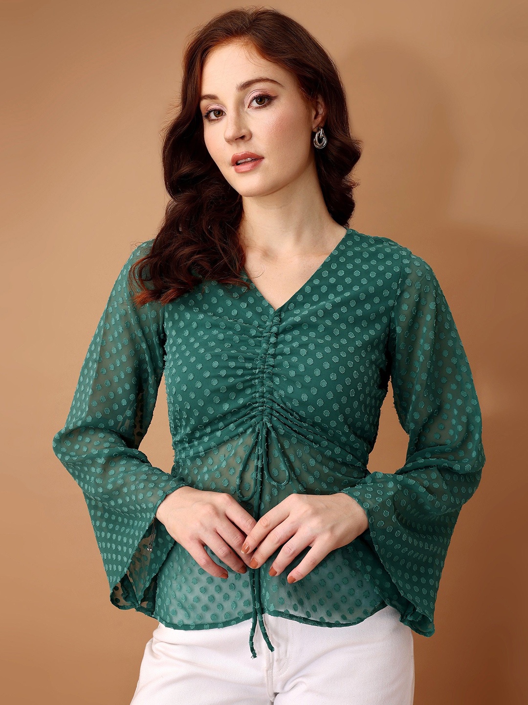 

all about you Women V-Neck Polka Dot Self Design Bell Sleeve Top, Green