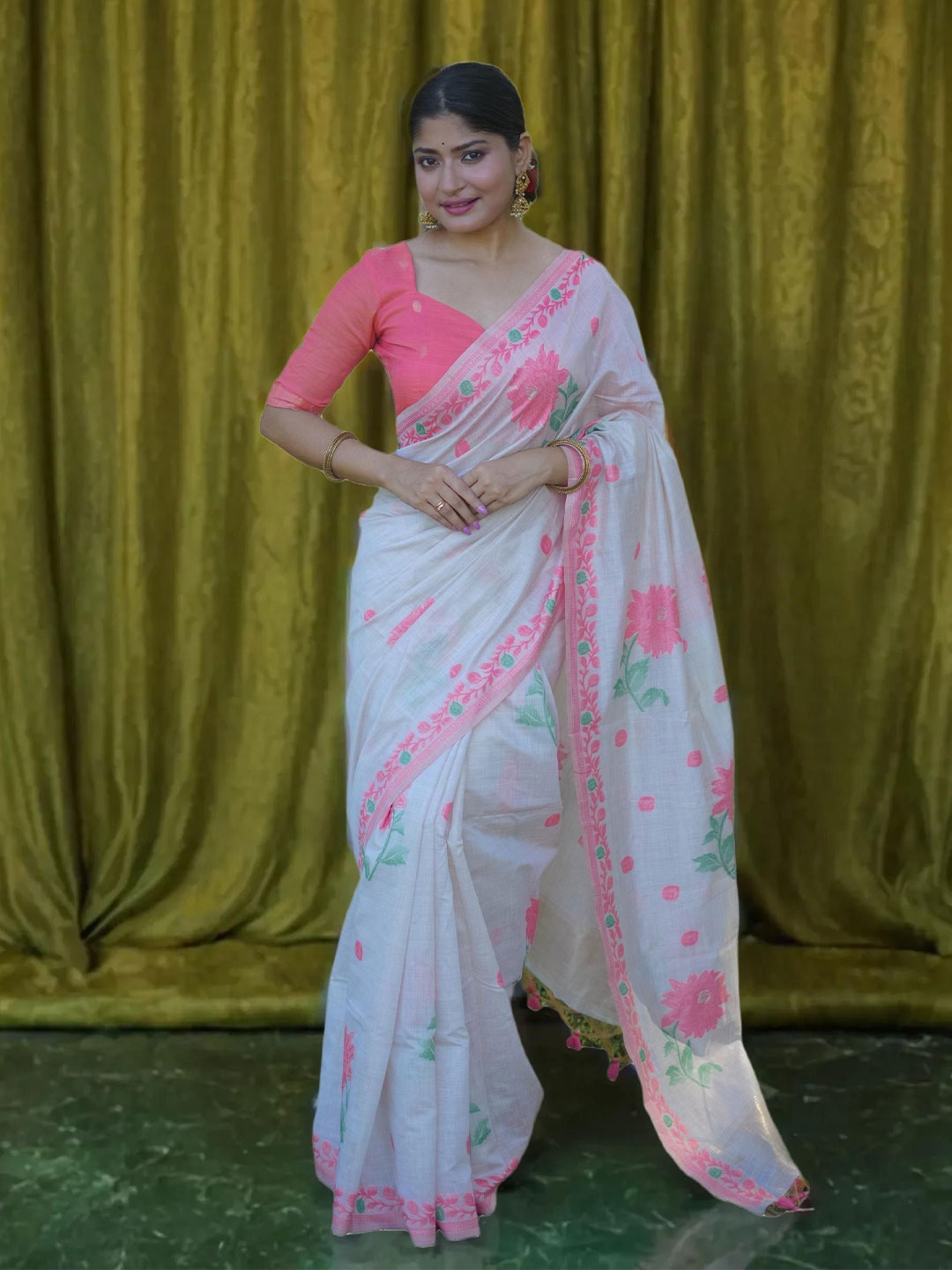 

NK Textiles Floral Woven Design Muga Saree, Coral